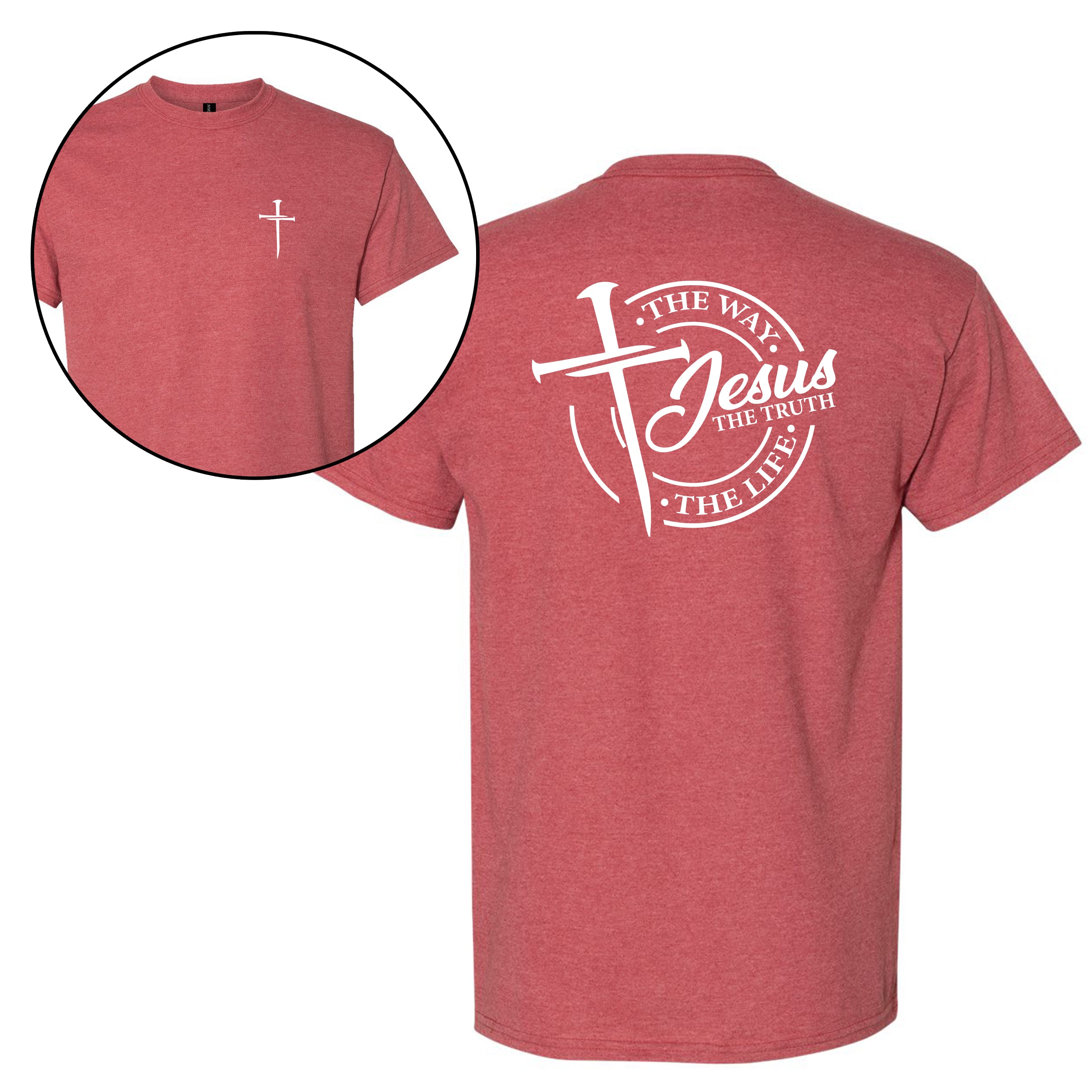 Left Chest Cross Print with Jesus, The Way. The Truth. The Life back print. T-Shirt: Proclaim Your Faith 4